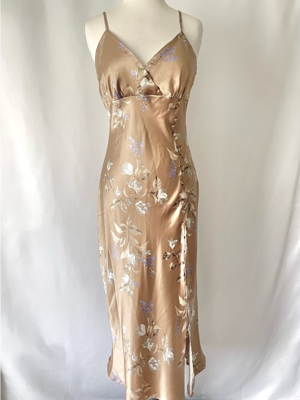 Forever 21 Champagne Floral Satin Slip Dress